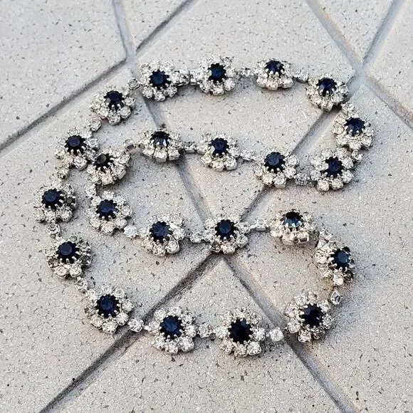 Sparkly Silver Tone Faux Sapphire & Diamond Accent Statement Necklace Vintage - Picture 2 of 8